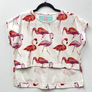 Sonny Tann Boxy Pink Flamingo Top, Cropped in Front, Capped Sleeves, Size Medium